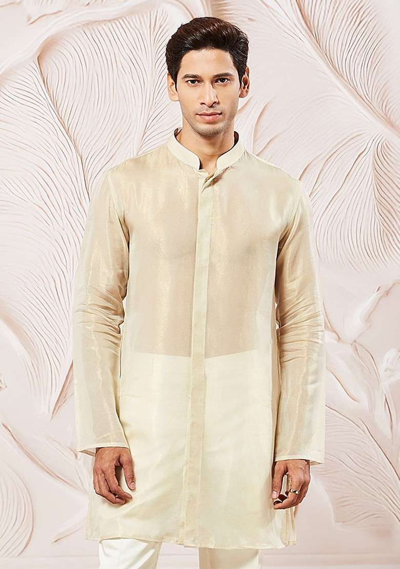 Beige Solid Silk Blend Kurta For Men - Indya