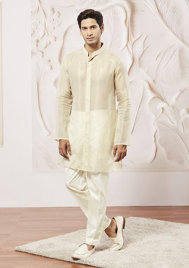 Beige Solid Silk Kurta For Men
