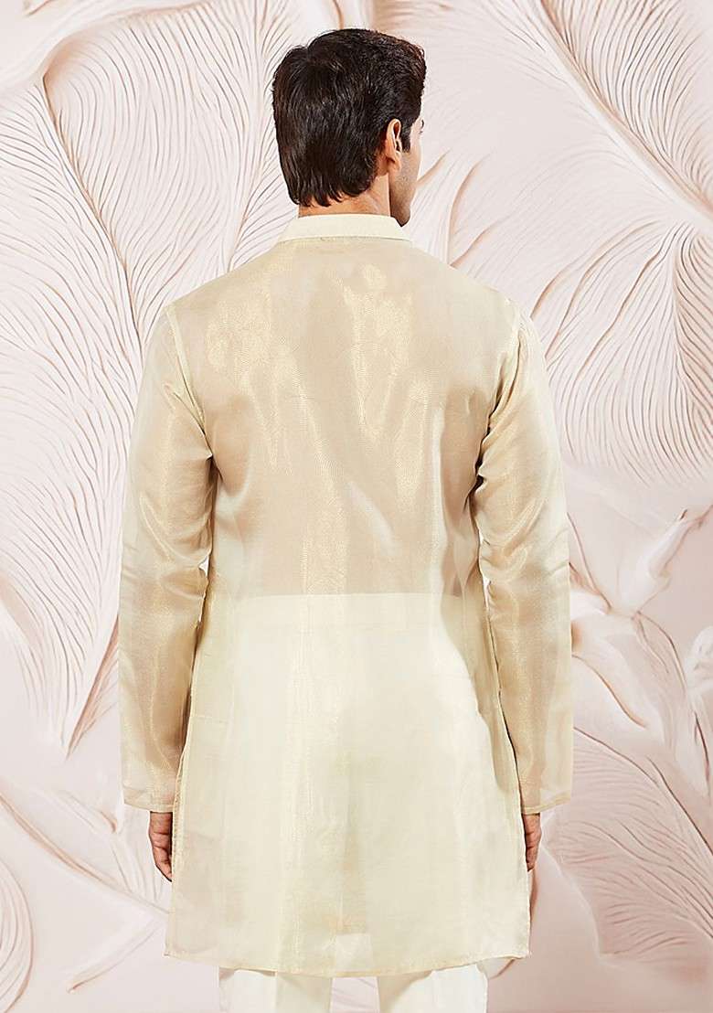 Beige Solid Silk Blend Kurta For Men - Indya