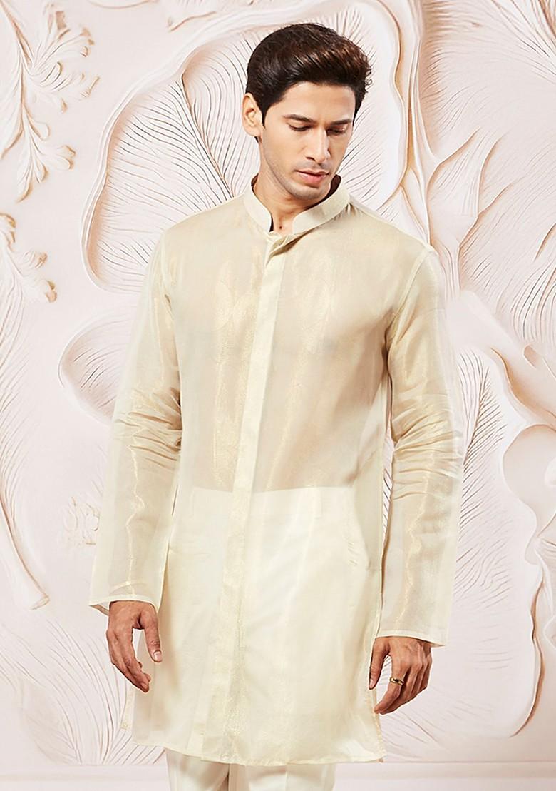 Beige Solid Silk Kurta For Men