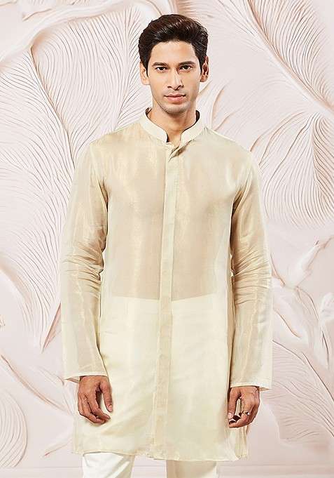 Beige Solid Silk Blend Kurta For Men