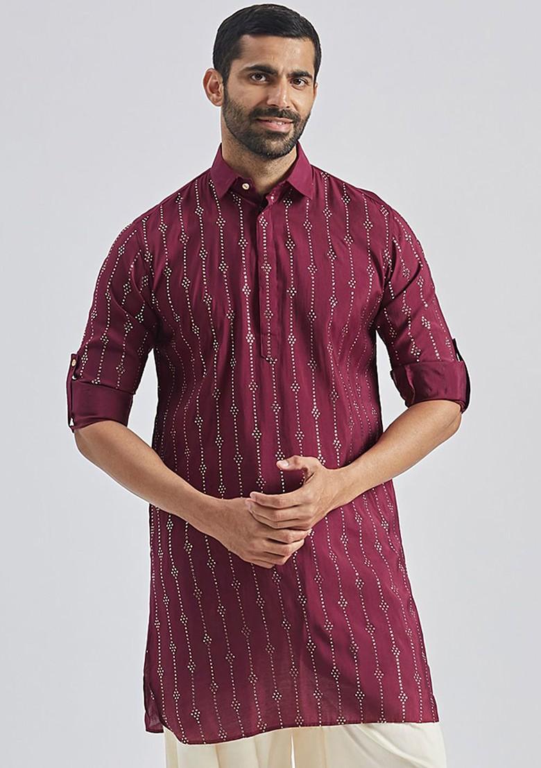 Burgundy Printed Pathani Kurta For Men