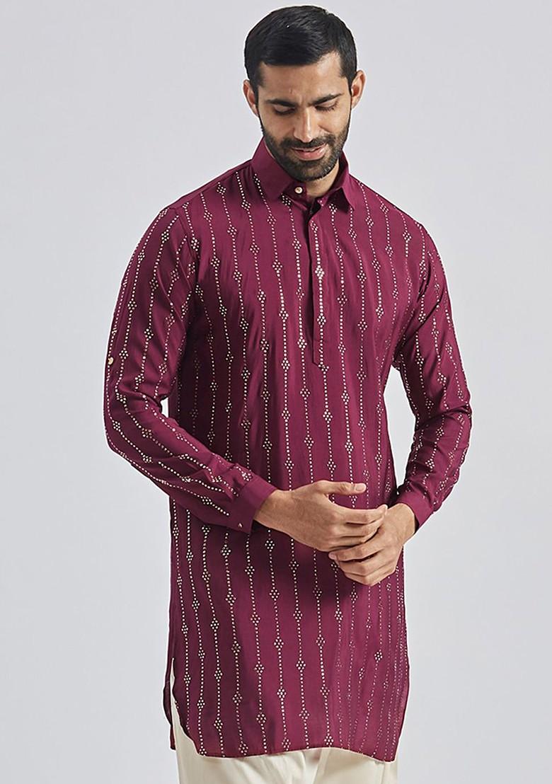 Burgundy Printed Pathani Kurta For Men