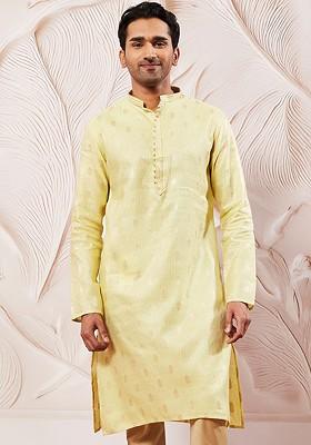Green Embroidered Jacquard Kurta For Men
