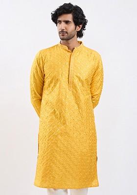 Yellow Embroidered Poly Blend Kurta For Men