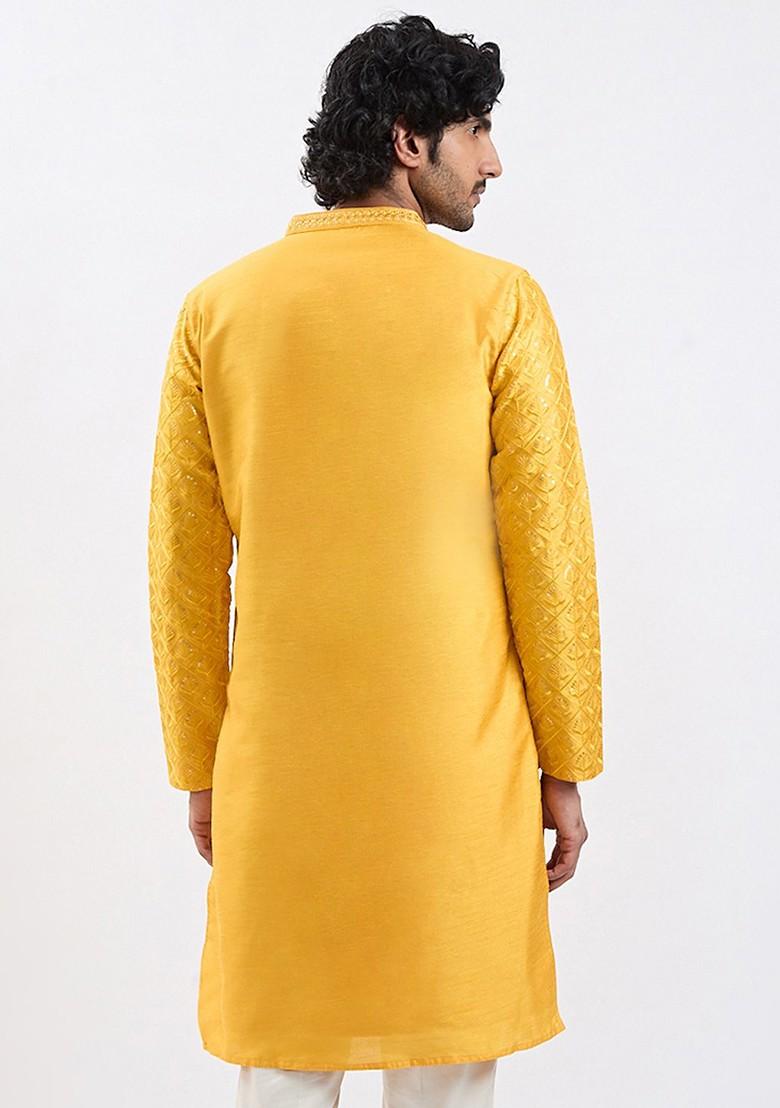 Yellow Embroidered Poly Blend Kurta For Men