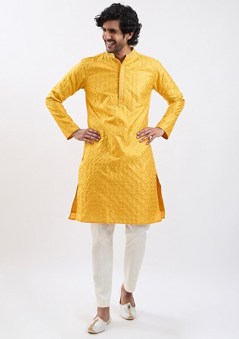 Yellow Embroidered Poly Blend Kurta For Men