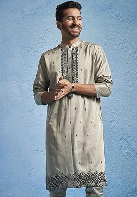 Beige Embroidered Silk Kurta For Men