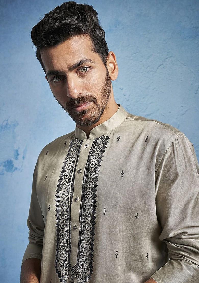 Beige Embroidered Silk Kurta For Men