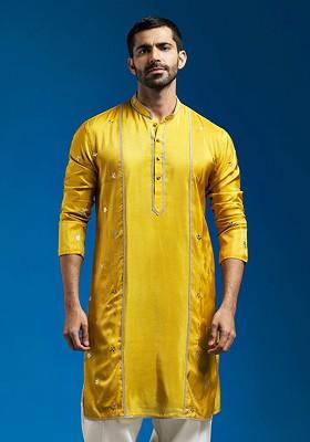 Mustard Ethnic Motifs Silk Kurta For Men