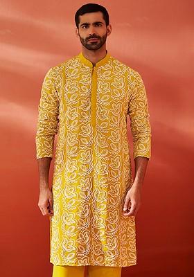 Mustard Ethnic Motifs Georgette Kurta For Men