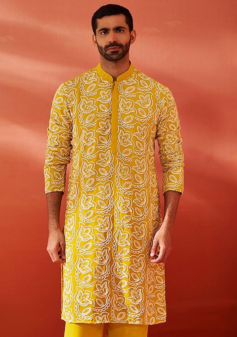 Mustard Ethnic Motifs Georgette Kurta For Men