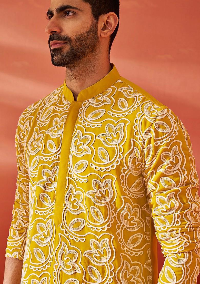 Mustard Ethnic Motifs Georgette Kurta For Men