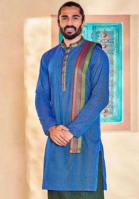 Blue Geometric Print Cotton Kurta For Men