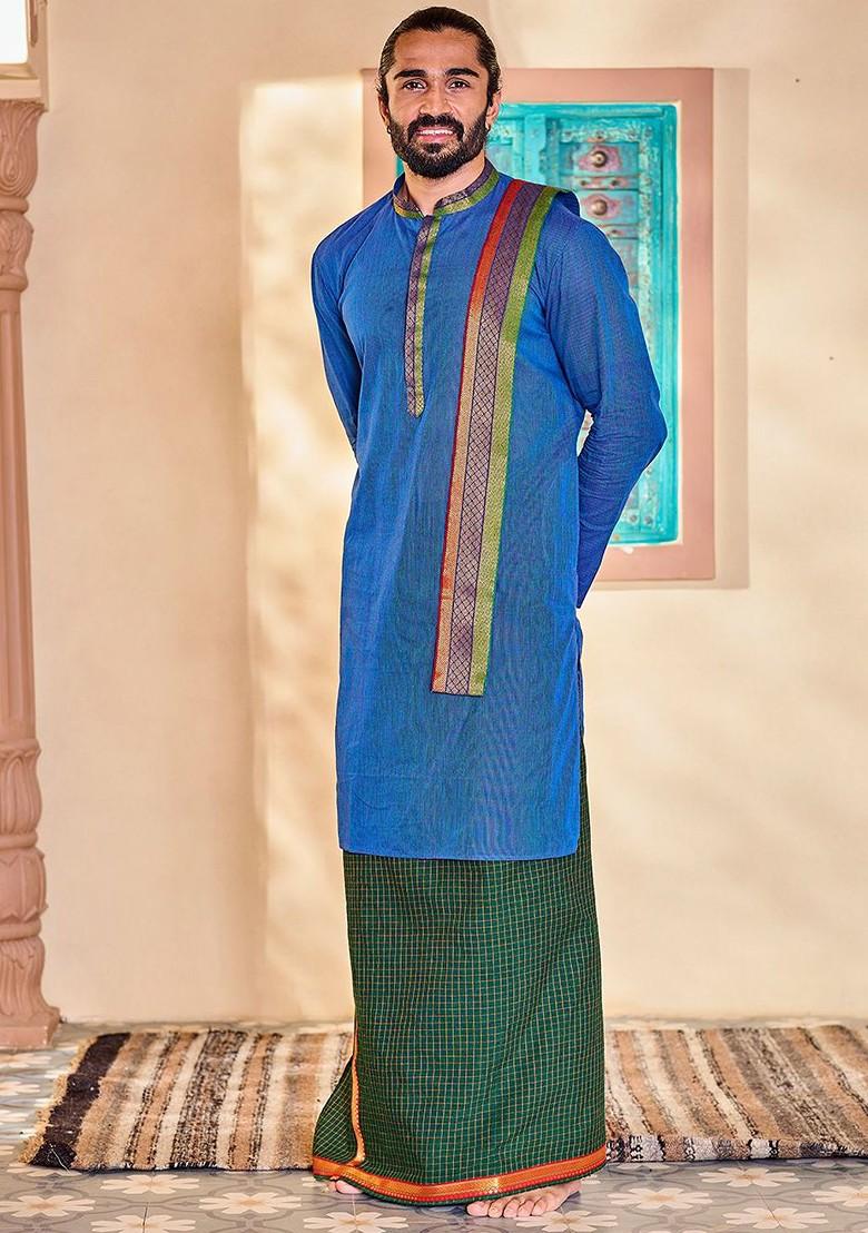 Blue Geometric Print Cotton Kurta For Men