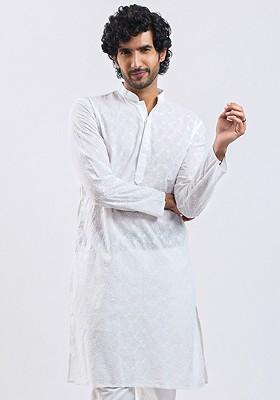 White Embroidered Poly Blend Kurta For Men