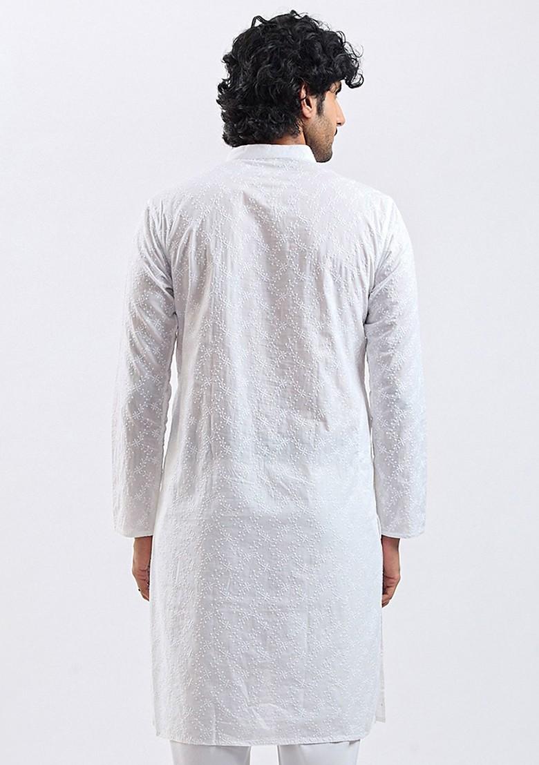 White Embroidered Poly Blend Kurta For Men