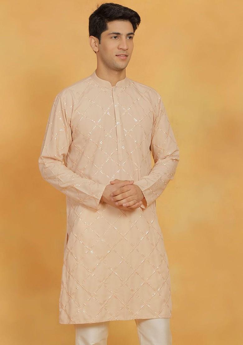 Peach Thread Work Cotton Kurta For Men