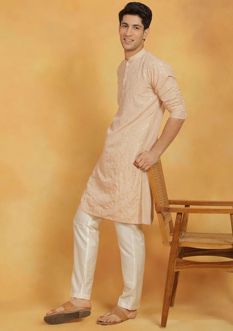 Peach Thread Work Cotton Kurta For Men