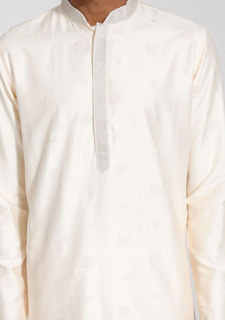 Cream Solid Poly Blend Kurta For Men