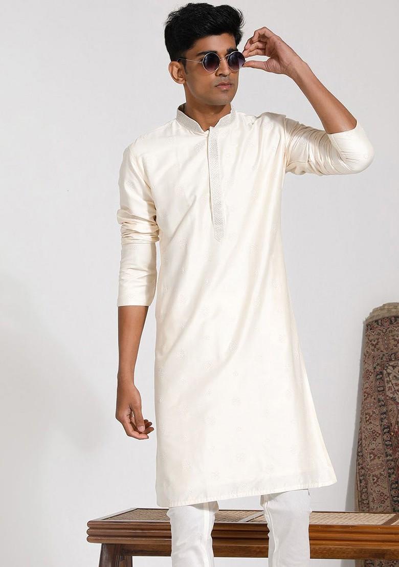 Cream Solid Poly Blend Kurta For Men