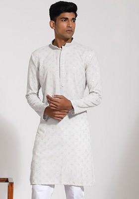 Grey Embroidered Poly Blend Kurta For Men