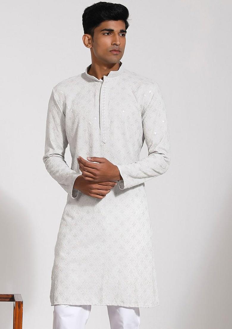 Grey Embroidered Poly Blend Kurta For Men