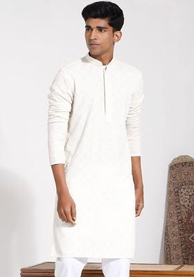 Cream Embroidered Poly Blend Kurta For Men