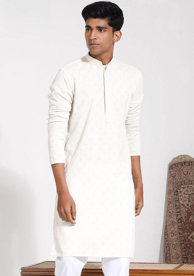 Cream Embroidered Poly Blend Kurta For Men