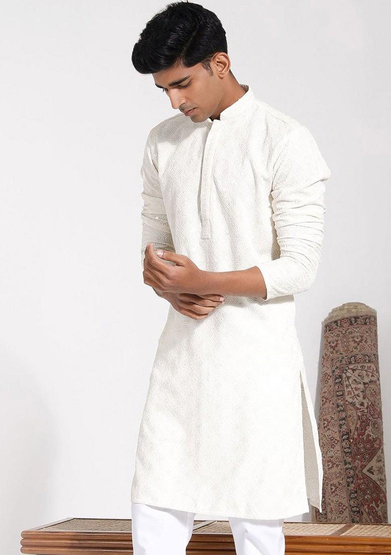 Cream Embroidered Poly Blend Kurta For Men