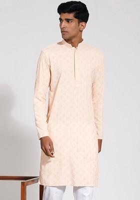 Peach Ethnic Motifs Poly Blend Kurta For Men