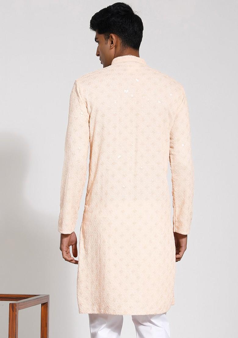 Peach Ethnic Motifs Poly Blend Kurta For Men