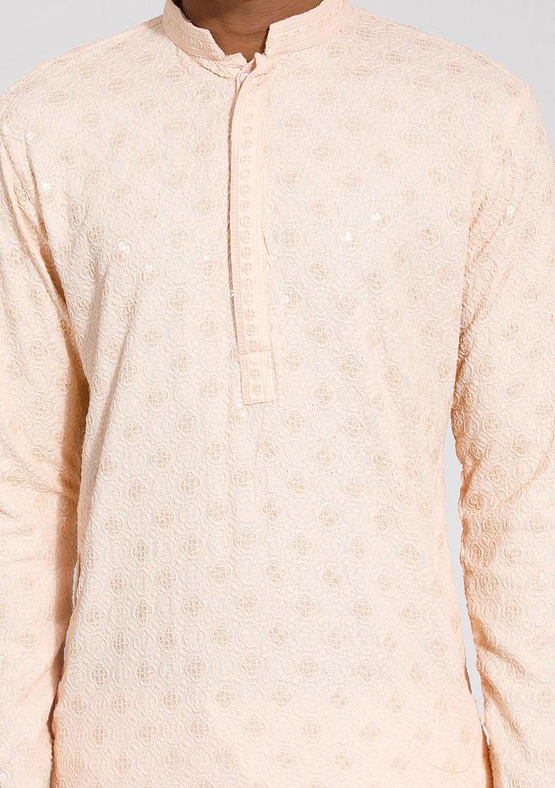 Peach Ethnic Motifs Poly Blend Kurta For Men
