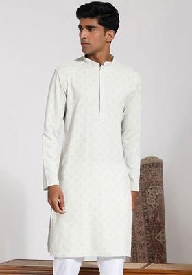 Green Embroidered Poly Blend Kurta For Men