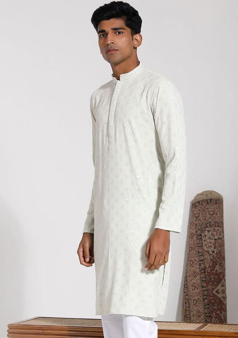 Green Embroidered Poly Blend Kurta For Men
