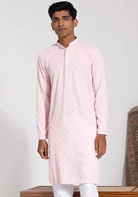 Pink Embroidered Poly Blend Kurta For Men