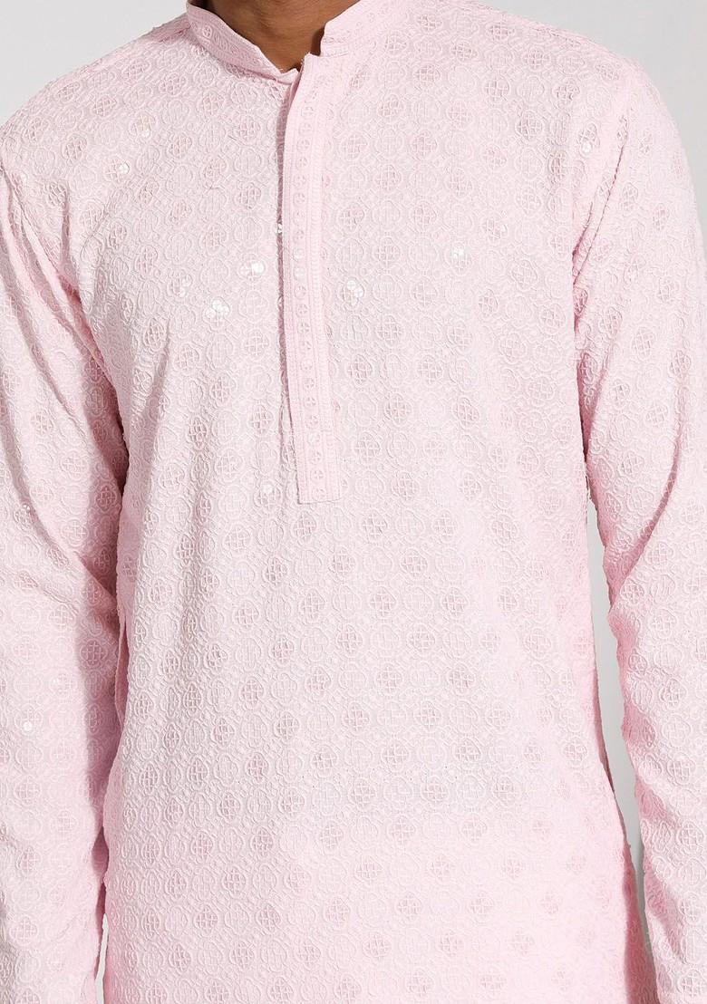 Pink Embroidered Poly Blend Kurta For Men