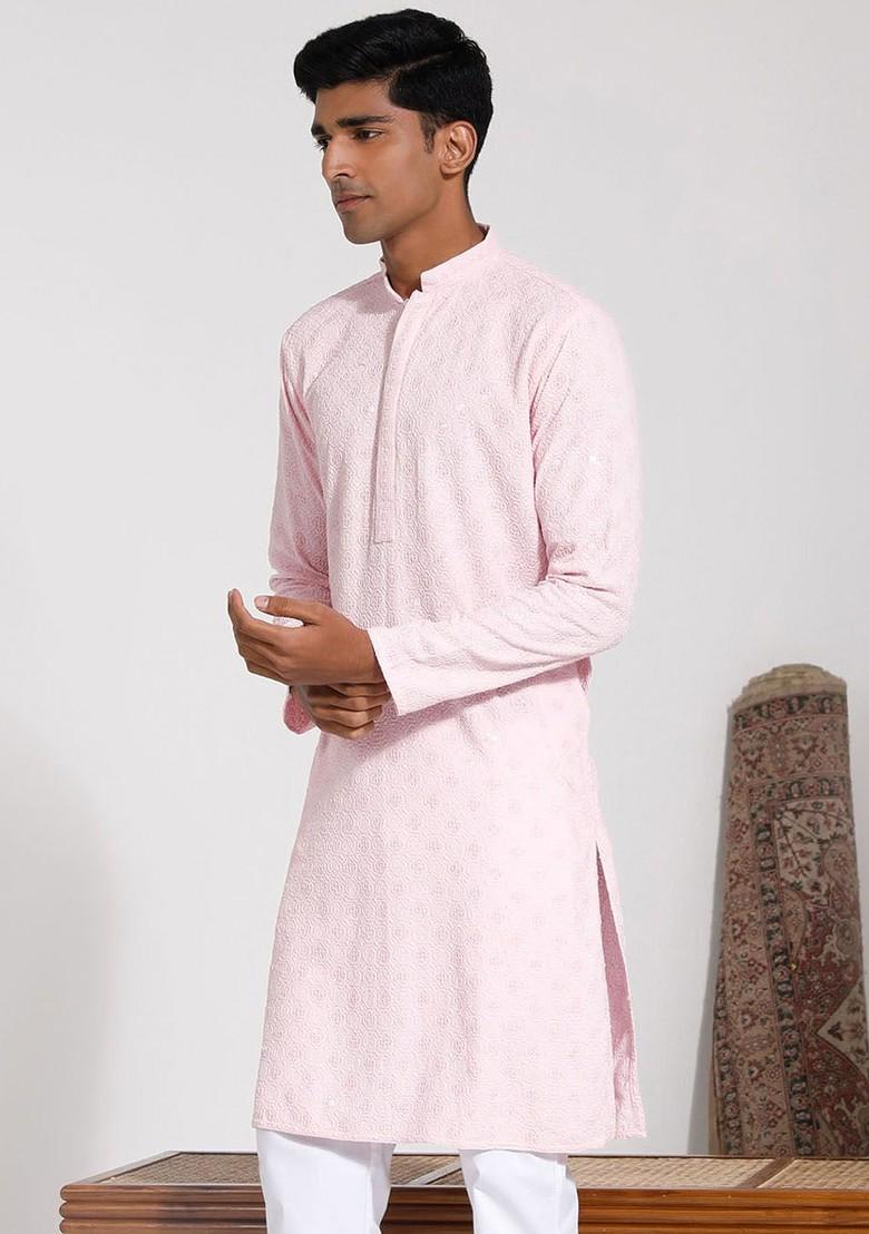 Pink Embroidered Poly Blend Kurta For Men