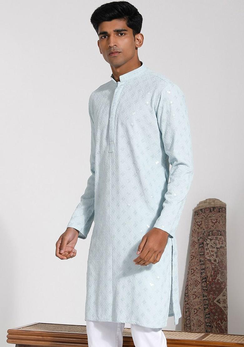 Blue Embroidered Poly Blend Kurta For Men