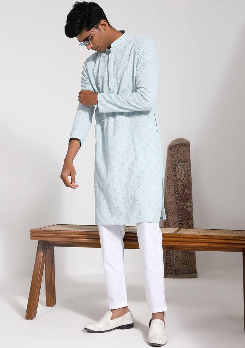 Blue Embroidered Poly Blend Kurta For Men