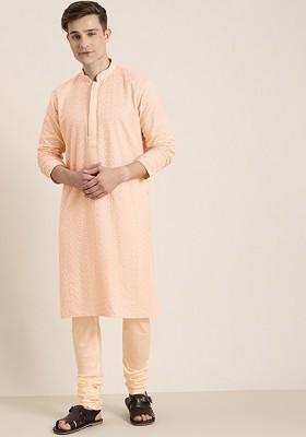 Pink Ethnic Motifs Georgette Kurta For Men