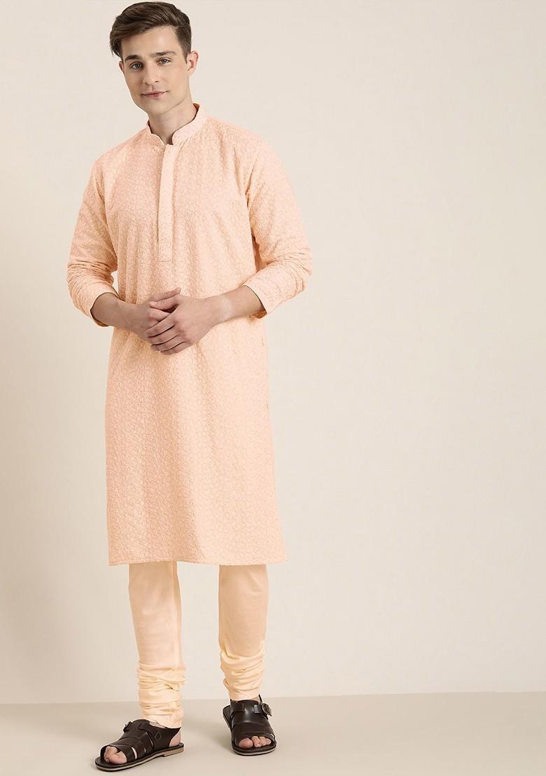 Pink Ethnic Motifs Georgette Kurta For Men