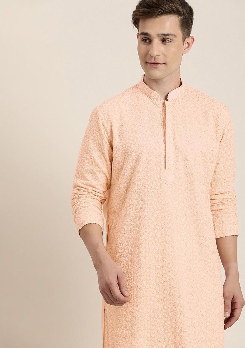 Pink Ethnic Motifs Georgette Kurta For Men
