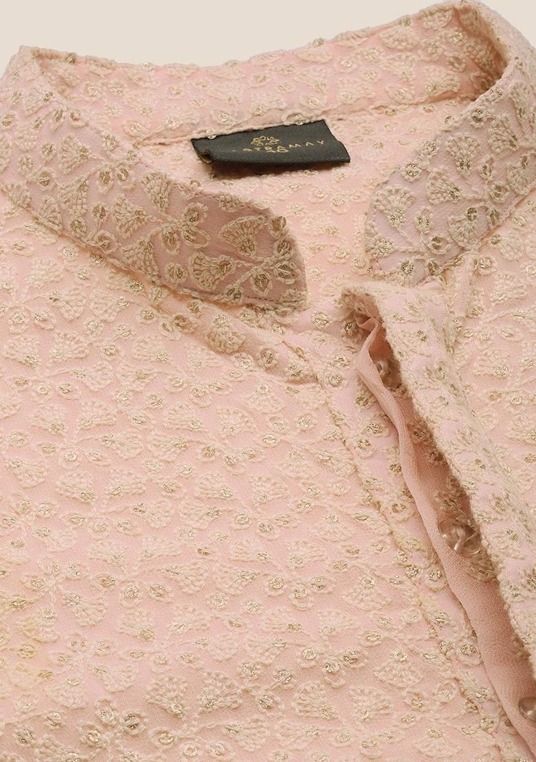 Pink Ethnic Motifs Georgette Kurta For Men