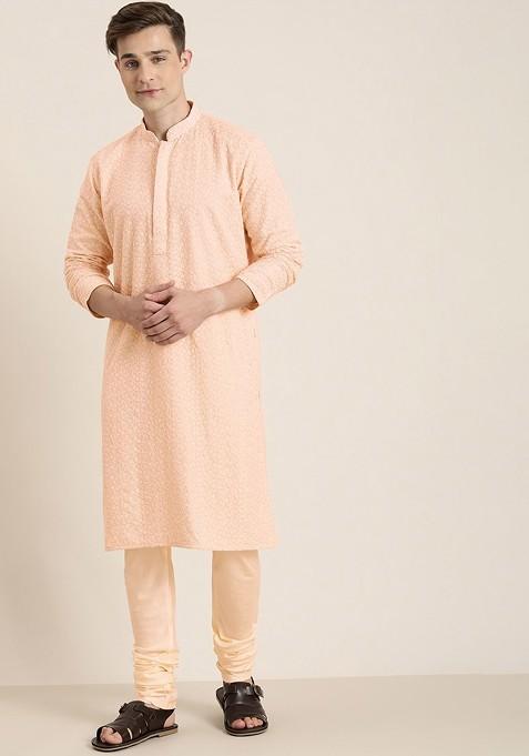 Pink Ethnic Motifs Georgette Kurta For Men