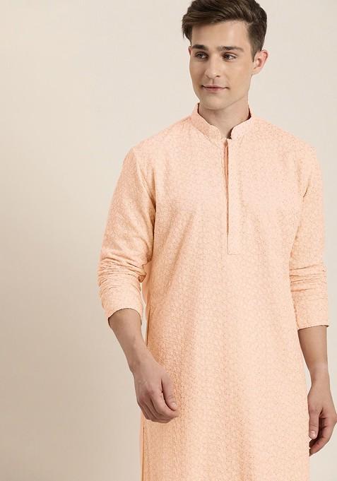 Pink Ethnic Motifs Georgette Kurta For Men