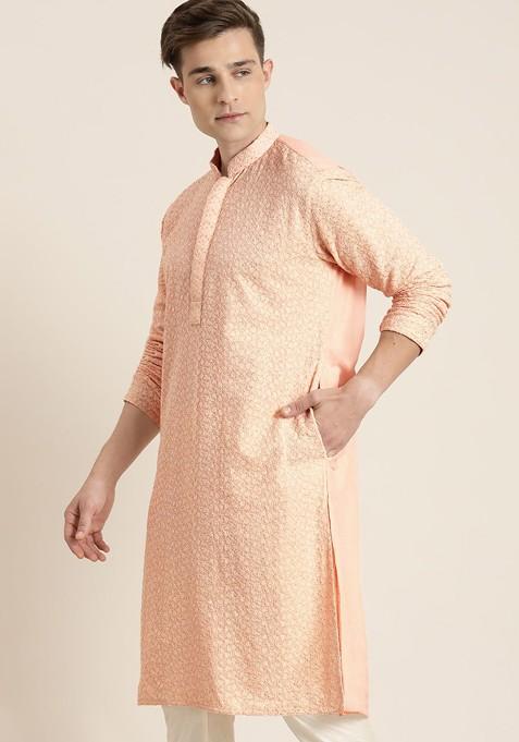 Pink Ethnic Motifs Georgette Kurta For Men