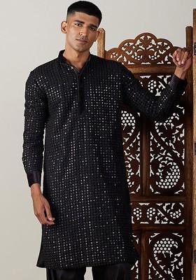 Black Embroidered Georgette Kurta For Men