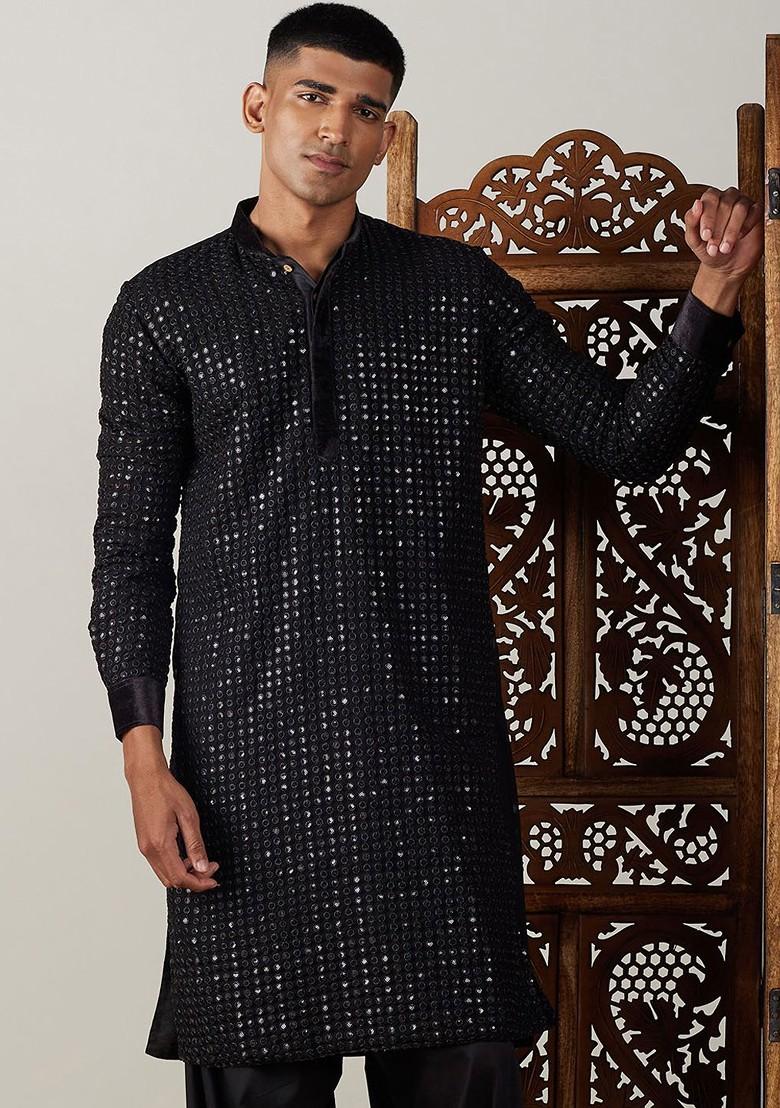 Black Embroidered Georgette Kurta For Men
