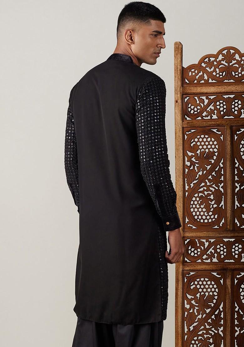 Black Embroidered Georgette Kurta For Men